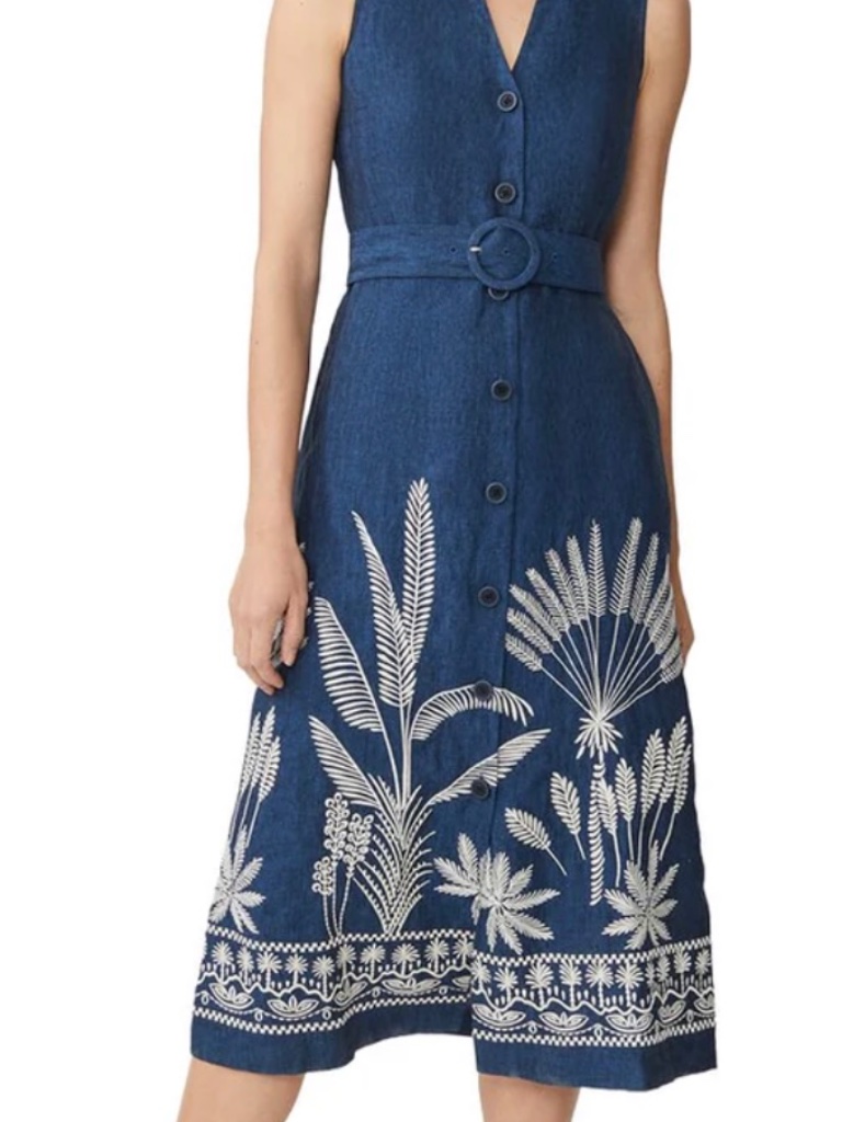 J.Mclaughlin Margarette Navy Sleeveless Maxi Dress With White Botanical Border